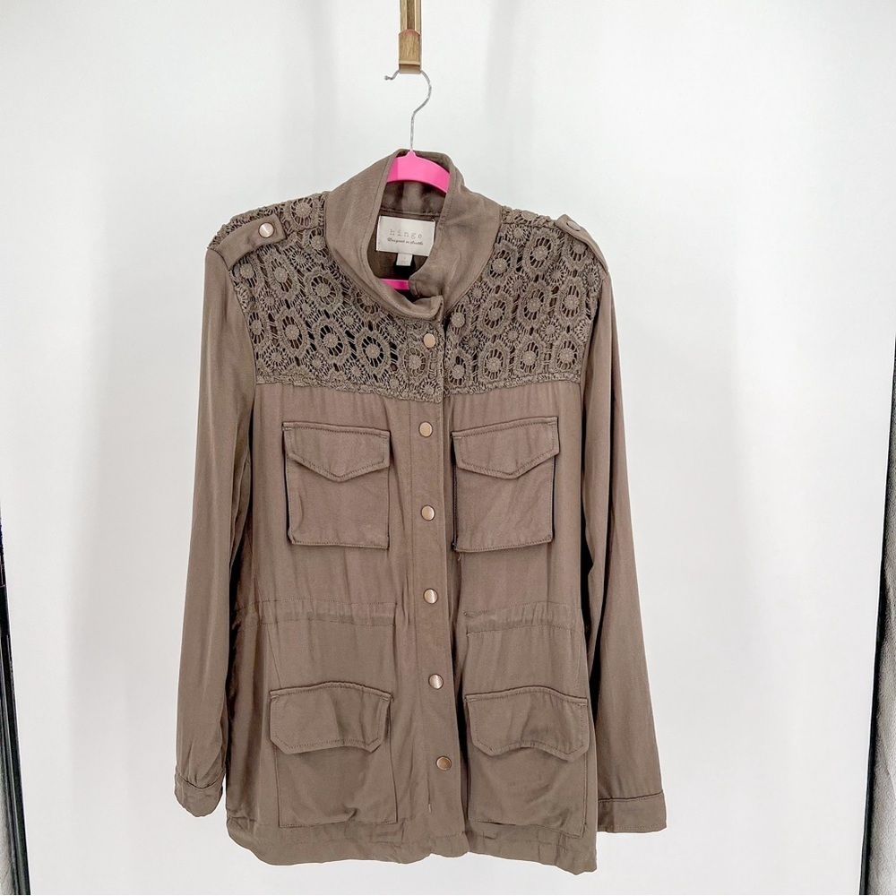 Hinge Crochet Lace Yoke Anorak Jacket in Olive